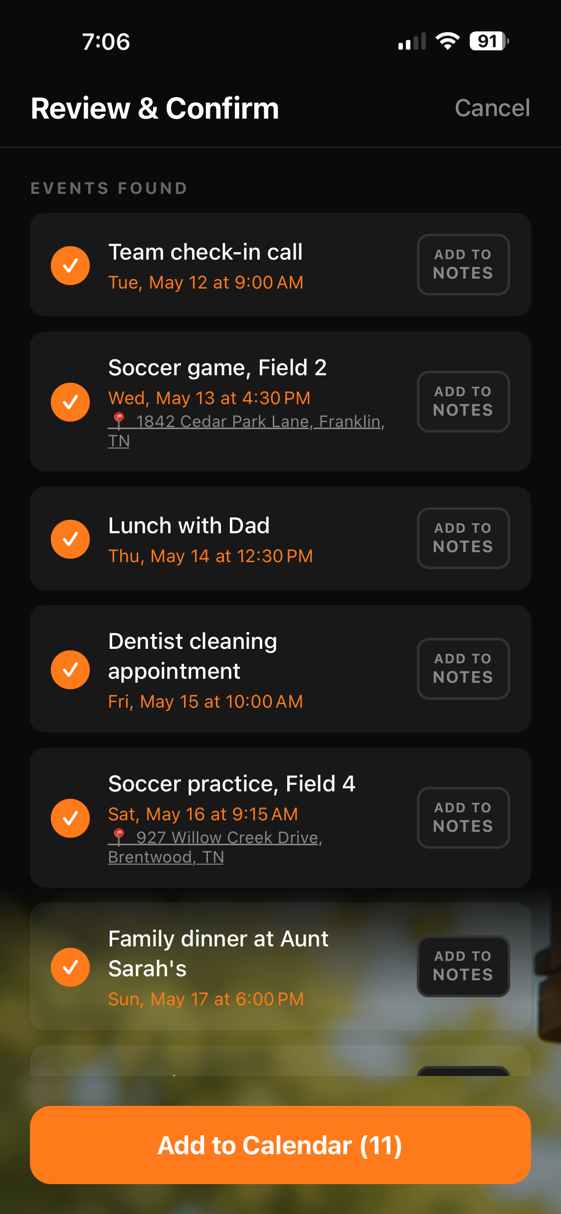 Review and confirm screen